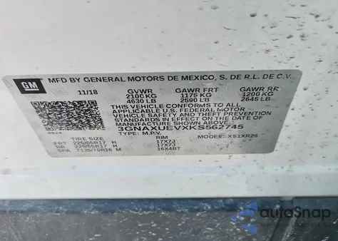 2019 Chevrolet Equinox Lt из США, поврежденный, VIN 3GNAXUEVXKS562745